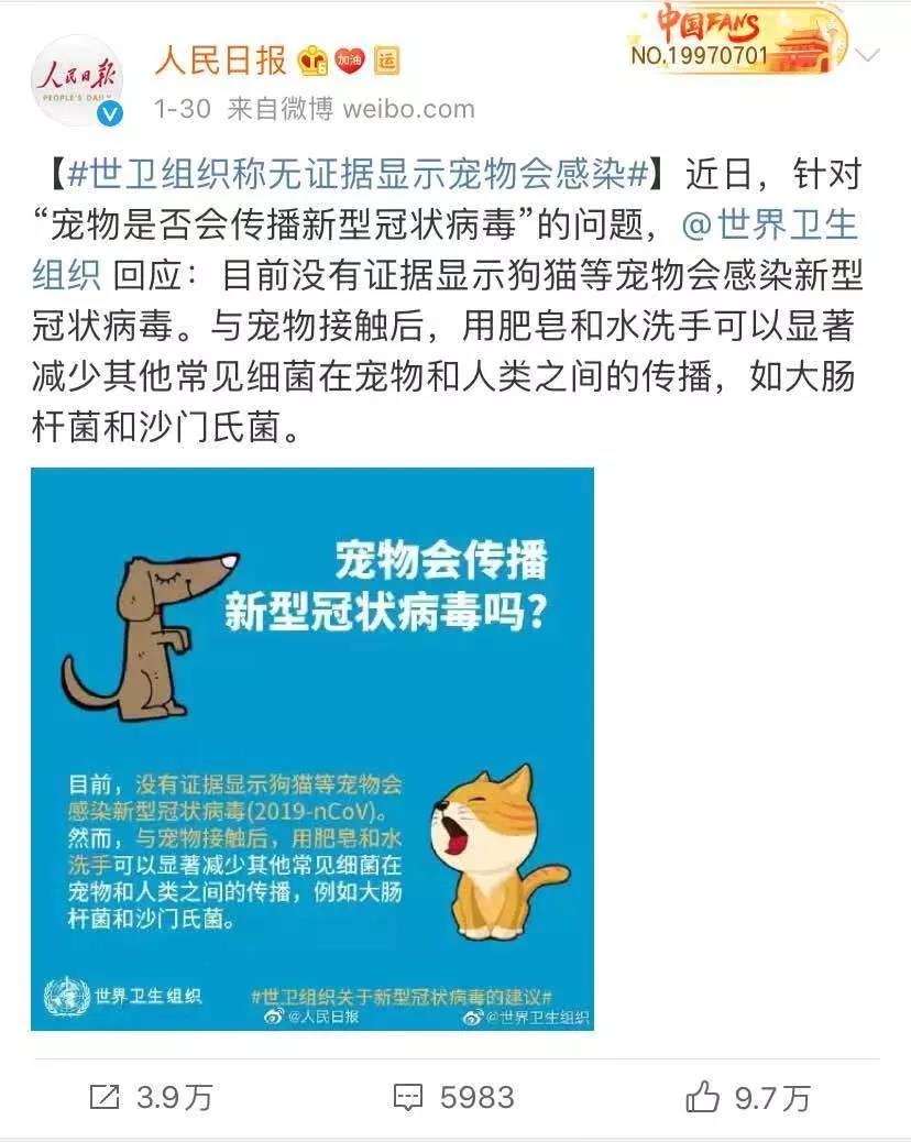 猫狗会传染新型冠状病毒吗 无证据显示会感染！