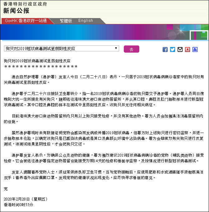 香港新冠肺炎患者的狗检测弱阳性不代表狗会感染新冠病毒