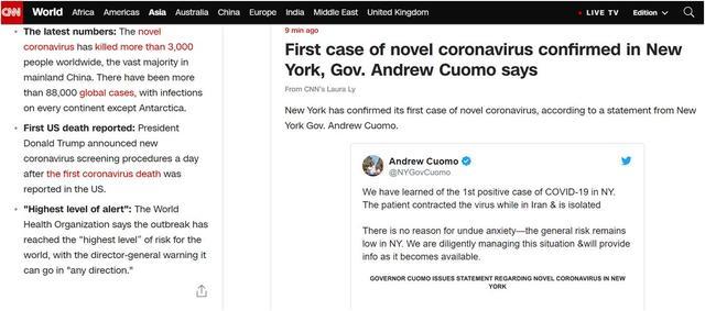 美国纽约州首次出现确诊病例 30多岁女性，曾赴伊朗旅行