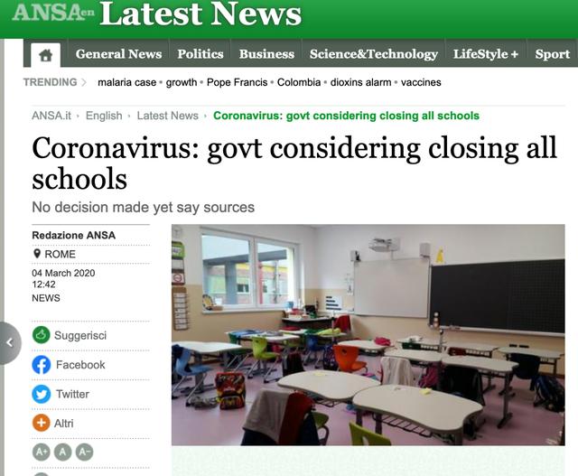 意大利政府决定明起关闭所有学校及大学，至3月中旬